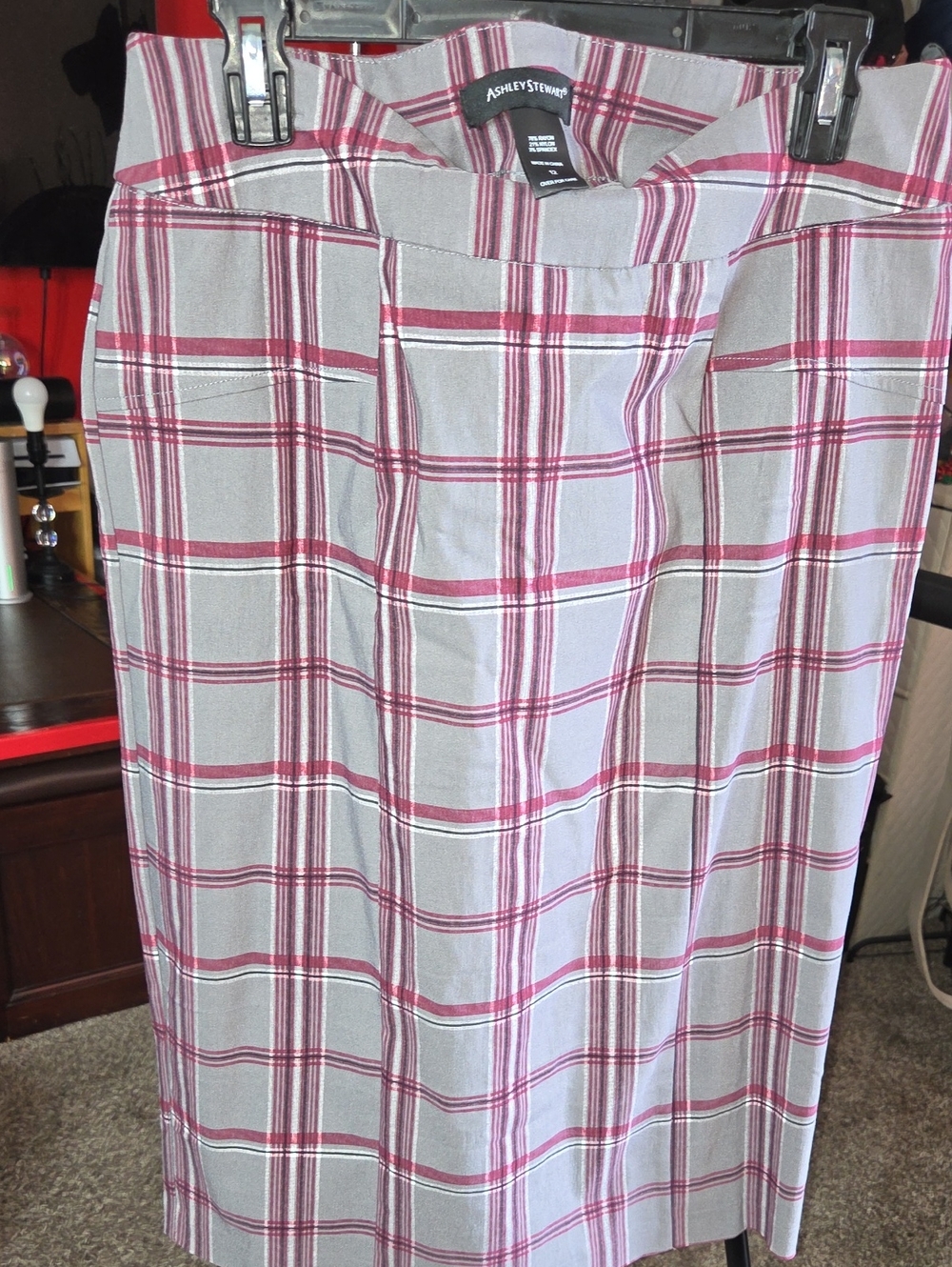 Ashley Stewart Gray and Pink Plaid Pencil Skirt